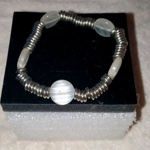 Silver and White Acrylic Stretchy Bracelet